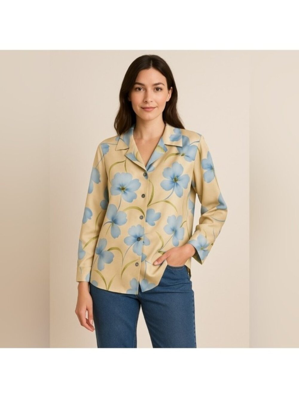 Vintage Floral Satin Button-Up Blouse XL